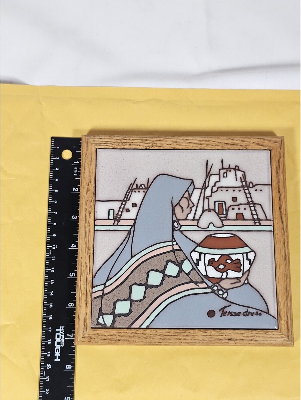 Cleo Teissedre Hand-Painted Southwestern Ceramic Tile Trivet in Wood Frame